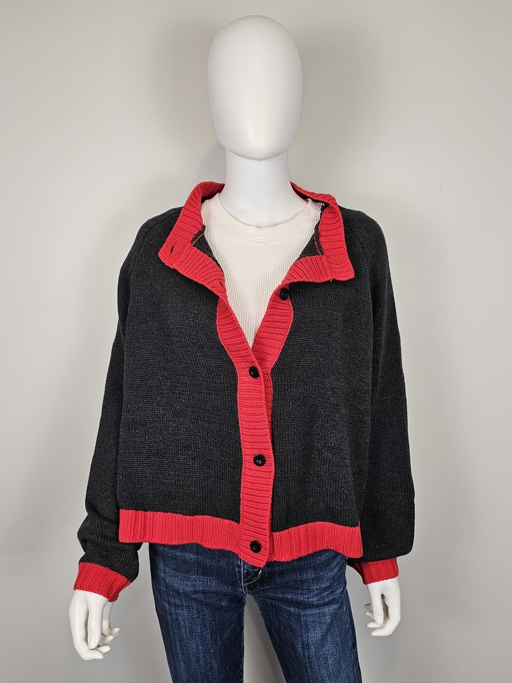 Smash + Tess Dark Grey & Red Details Button Closure Cardigan Sz M/L